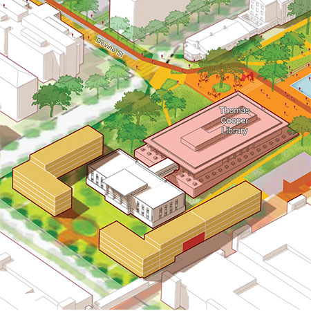 renderings of proposed student experience expansion at USC highlighting expanded dining/recreation areas across Columbia