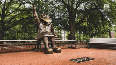 The Cocky statue on a sunny day with tree and gates mark.