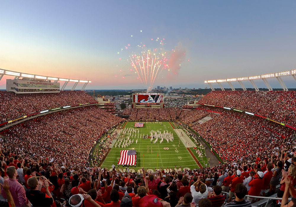 View at Williams Brice stadium during football game with fireworks over scoreboard