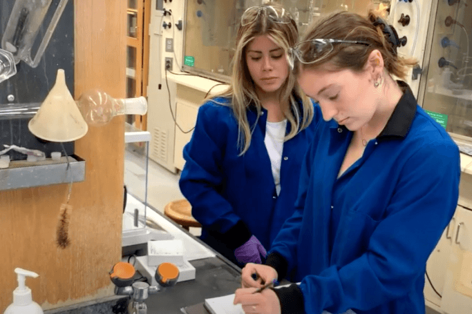 Gigi and lab assistant working in a chemistry lab