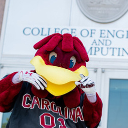 Cocky poses outside the engineering building