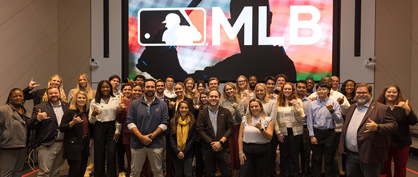 Students, faculty and staff from HRSM pose for a photo at MLB Headquarters in New York City