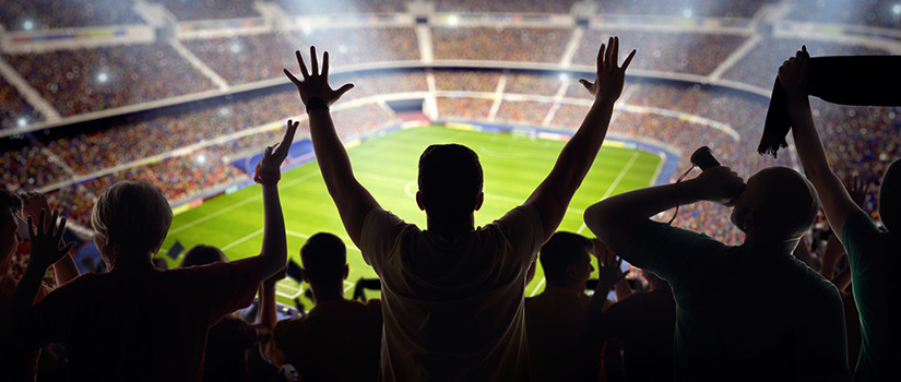 A long-range shot of a stadium field, floodlights and seating. A green field, with painted white lines, is visible in the foreground. On the foreground a group of fans is celebrating a goal. In the background are diffuse out-of-focus stadium seats. Large, bright floodlights are in the top-left and top-right corners of the image.