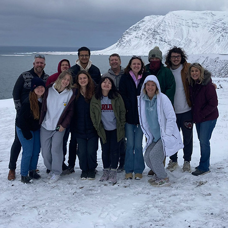 Students on a study abroad trip to Iceland pose for a photo