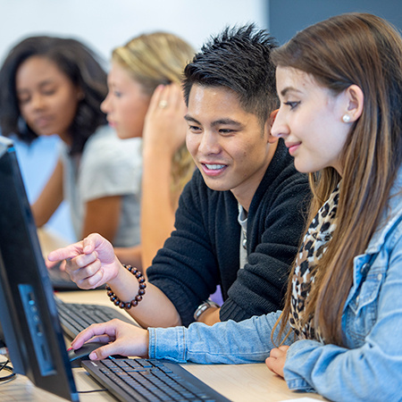 Two people are seated looking at a computer screen together.