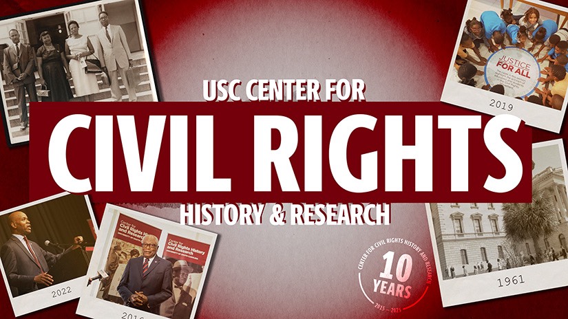 "USC Center for Civil Rights History and Research" surrounded by polaroid photos 