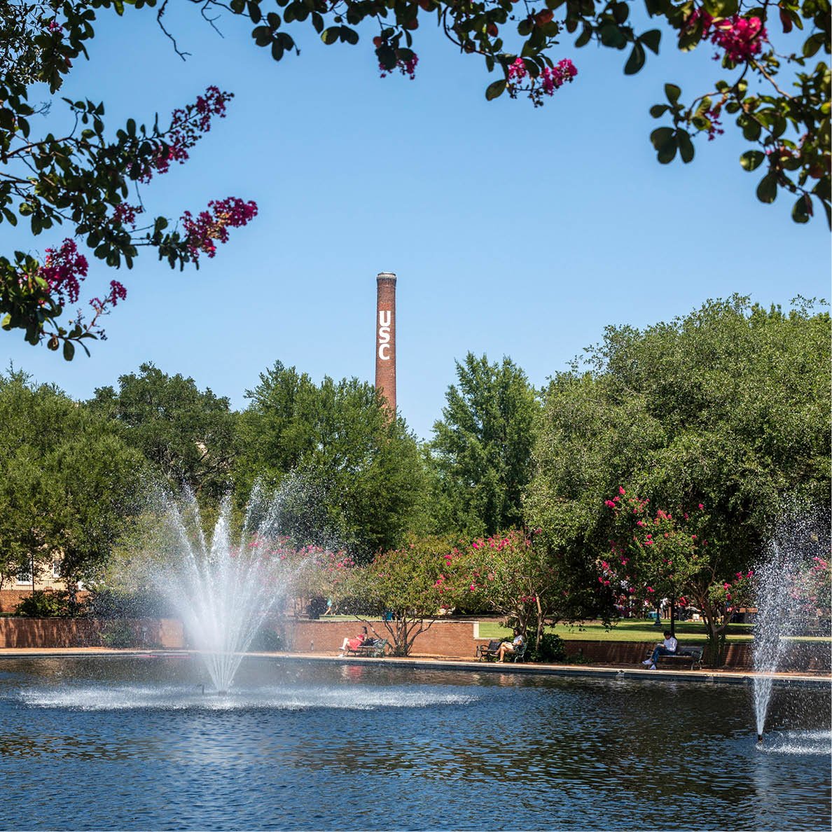 Overlooking the fountain outside Thomas Cooper Library looking at the smokestack near the Horseshoe