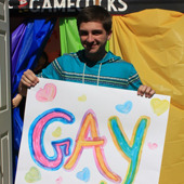 Devon Sherrell with a sign
