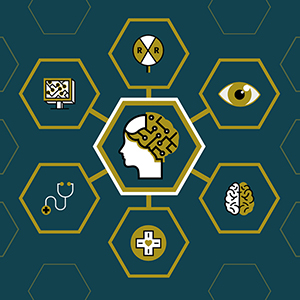 Icon of how an artificial intelligence brain connects to concepts of technology, transportation, vision, the brain, ideas and health care.