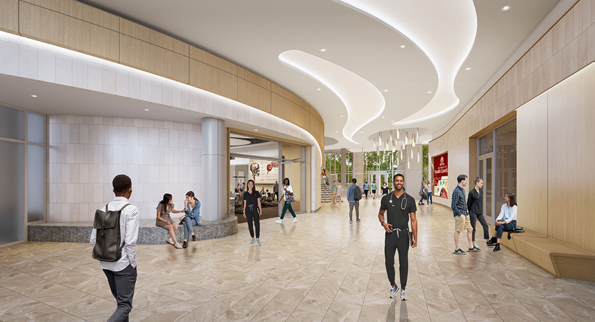 A rendering of an interior hallway inside the new School of Medicine Columbia education and research facility.