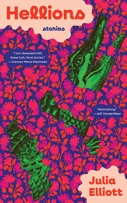 Hellions book cover, pink with green alligators